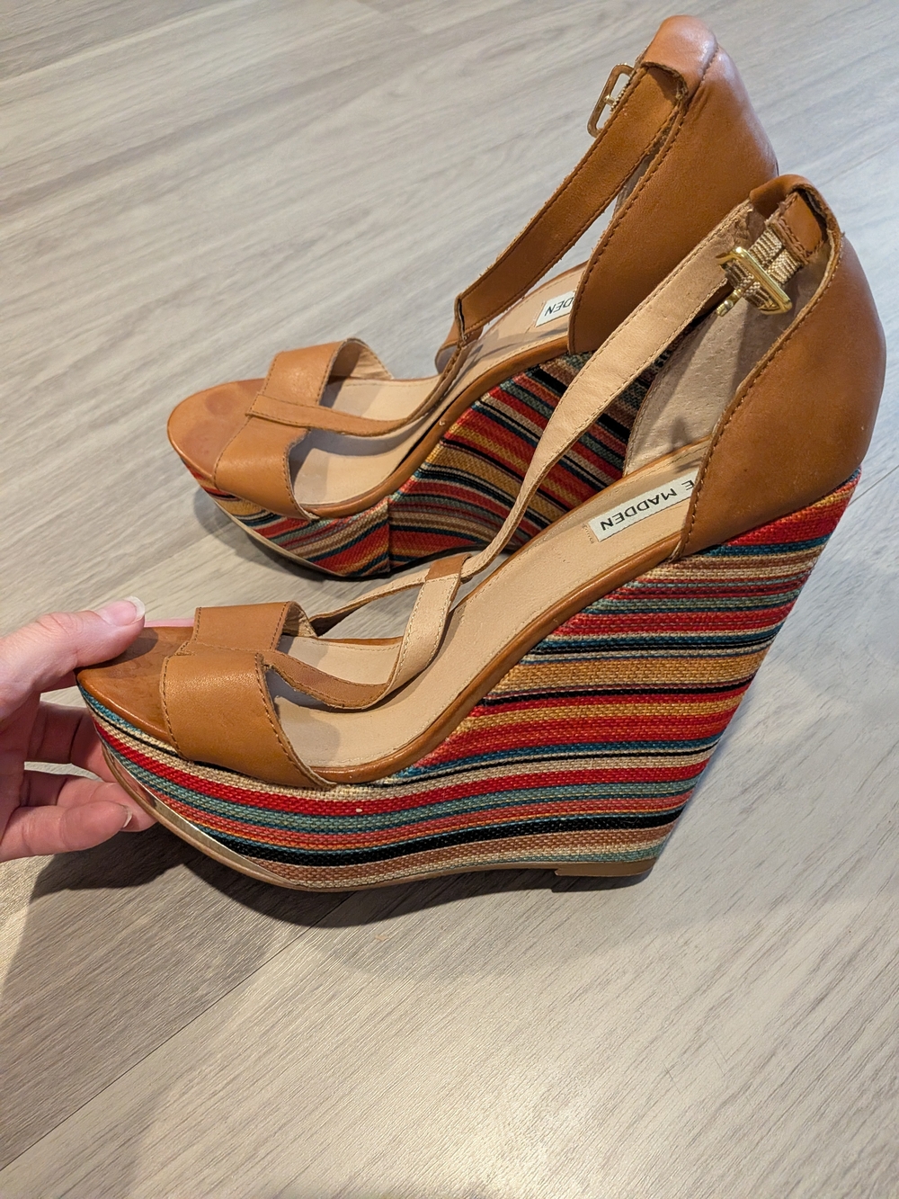 Steve Madden Women's Tan Multi-Stripe Wedge Sandals - Picture 2 of 11